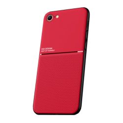   HUSĂ! - Protectie din plastic pentru telefon (cadru din silicon, rezistenta medie la impact, placa metalica incorporata, spate cu efect piele, model in dungi) RED Apple iPhone 7 4.7, Apple iPhone 8 4.7, Apple iPhone SE 2 (2020), Ap