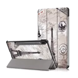   Husă stativă cu efect de piele (FLIP activ, deschidere laterală, TRIFOLD, suport S Pen, Turnul Eiffel, model hartă) GREY Samsung Galaxy Tab S7 WIFI (SM-T870), Samsung Galaxy Tab S7 LTE 5G (SM-T876), Sam