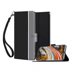   HUSĂ! - Carcasa in picioare, efect piele (FLIP, deschidere laterala, functie suport pentru masa, model textil + balama) NEGRU Samsung Galaxy S20 (SM-G980F), Samsung Galaxy S20 5G (SM-G981U)