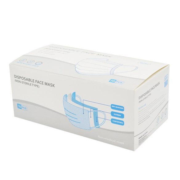 Mască de gură (3 straturi, bandă de cauciuc pentru urechi, 50 buc/cutie) ALBASTRU DESCHIS