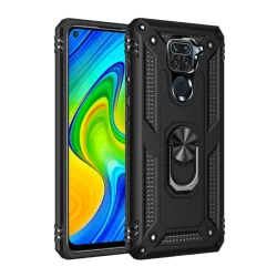   HUSĂ! - Defender protecțiede telefon din plastic (rezistent la impact mediu, interior din silicon, inel de titular de telefon, placă metalică încorporată) negru Xiaomi Redmi Note 9 (10X 4G)