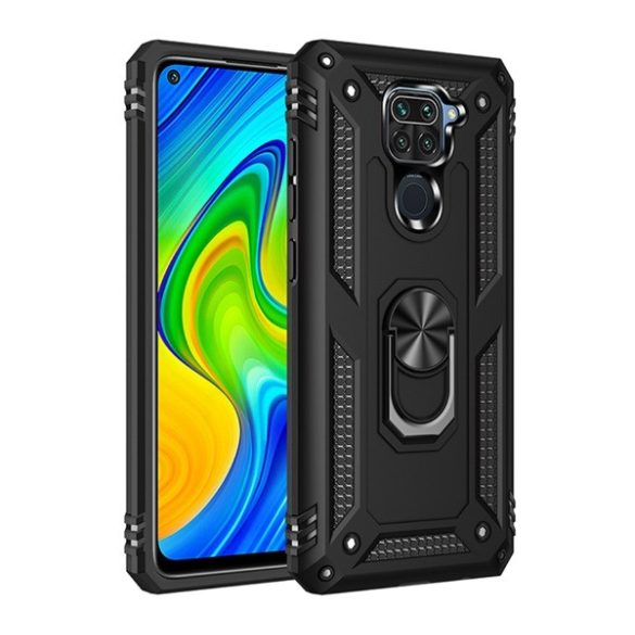 Defender protecțiede telefon din plastic (rezistent la impact mediu, interior din silicon, inel de titular de telefon, placă metalică încorporată) negru Xiaomi Redmi Note 9 (10X 4G)