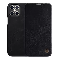   HUSĂ! - Husa NILLKIN QIN in picioare, efect piele (FLIP, deschidere laterala, suport card bancar) NEGRU Apple iPhone 12 Pro Max