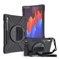   Protector de telefon din plastic Defender (rezistenta la impact, suport, 360° + curea de mana, curea de umar) NEGRU Samsung Galaxy Tab S7 WIFI (SM-T870), Samsung Galaxy Tab S7 LTE (SM-T875), Samsung Galaxy Tab S7 LTE 5G (SM) -T876), Samsung Galaxy T