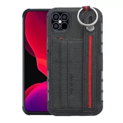   HUSĂ! - Protectie din silicon pentru telefon (rezistenta medie la impact, functie suport de masa, suport card bancar, spate textil + curea de la mana) NEGRU Apple iPhone 12 mini