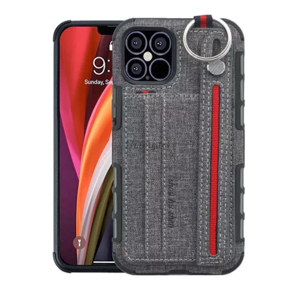 HUSĂ! - Protectie din silicon pentru telefon (rezistenta medie la impact, functie suport de masa, suport card bancar, spate textil + curea de la mana) GR Apple iPhone 12 Pro, Apple iPhone 12