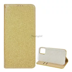   HUSĂ! - Husa in picioare, efect piele (FLIP, interior din silicon, deschidere laterala, functie suport de masa, suport card bancar, lucios) GOLD Apple iPhone 12 Pro Max