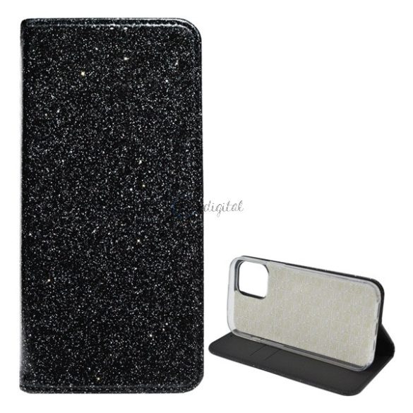 Carcasa in picioare, efect piele (FLIP, interior din silicon, deschidere laterala, functie suport de masa, suport card bancar, lucios) NEGRU Apple iPhone 12 Pro, Apple iPhone 12