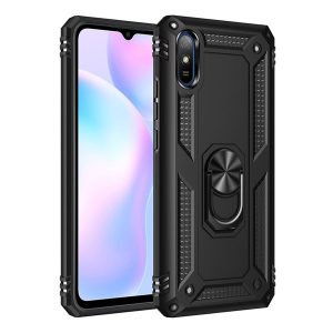 Defender protecțiede telefon din plastic (rezistent la impact mediu, interior din silicon, inel titular de telefon, placă metalică încorporată) negru Xiaomi Redmi 9A (Redmi 9 AT)