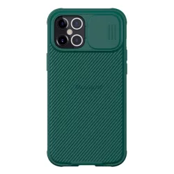   HUSĂ! - Protector de telefon din plastic NILLKIN CAMSHIELD PRO (cadru din silicon, rezistenta medie la impact, protectie camera, model in dungi) VERDE INCHIS Apple iPhone 12 Pro Max