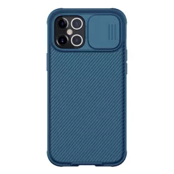   HUSĂ! - Protector de telefon din plastic NILLKIN CAMSHIELD PRO (cadru din silicon, rezistenta medie la impact, protectie camera, model in dungi) ALBASTRU INCHIS Apple iPhone 12 Pro Max