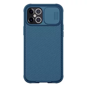 HUSĂ! - Protector de telefon din plastic NILLKIN CAMSHIELD PRO (cadru din silicon, rezistenta medie la impact, protectie camera, model in dungi) ALBASTRU INCHIS Apple iPhone 12 Pro Max