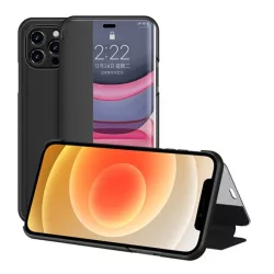   HUSĂ! - Carcasa in picioare, efect piele (FLIP, deschidere laterala, functie suport de masa, afisare numarul de telefon, fereastra de vizualizare) NEGRU Apple iPhone 12 mini