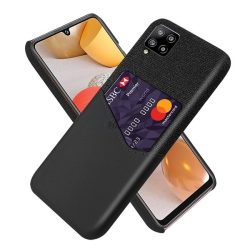   Protectie din plastic pentru telefon (rezistenta medie la impact, suport card bancar, invelis textil, spate cu efect piele) NEGRU Samsung Galaxy A42 5G (SM-A425F)