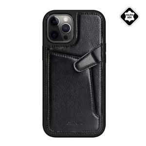 HUSĂ! - Protector de telefon din plastic NILLKIN AOGE (spate din piele naturala, interior din microfibra de pluș, suport card bancar) NEGRU Apple iPhone 12 Pro Max