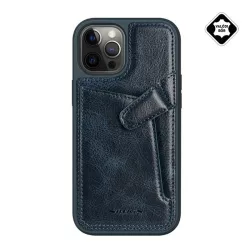   HUSĂ! - Protector de telefon din plastic NILLKIN AOGE (spate din piele naturala, interior din microfibra de pluș, suport card bancar) ALBASTRU ÎNCHIS Apple iPhone 12 Pro Max