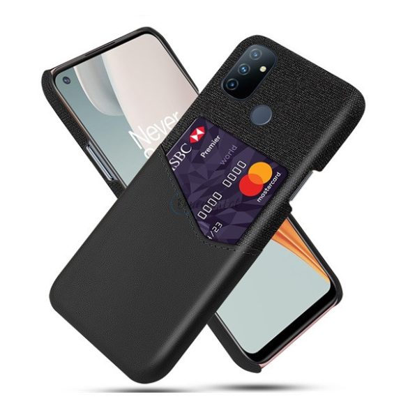 HUSĂ! - Protectie din plastic pentru telefon (rezistenta medie la impact, suport card bancar, invelis textil, spate cu efect piele) NEGRU OnePlus Nord N100