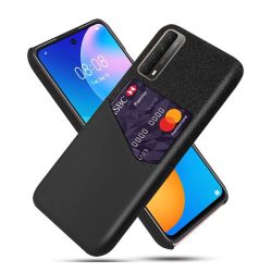   HUSĂ! - Protectie din plastic pentru telefon (rezistenta medie la impact, suport card bancar, invelis textil, spate cu efect piele) NEGRU Huawei P Smart (2021)