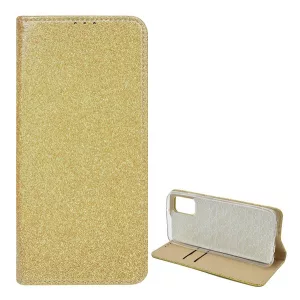 HUSĂ! - Husă în picioare, efect piele (FLIP, interior din silicon, deschidere laterală, funcție suport de masă, suport card bancar, strălucitor) GOLD Samsung Galaxy A72 5G (SM-A726F), Samsung Galaxy A72 4G (SM-A725F)