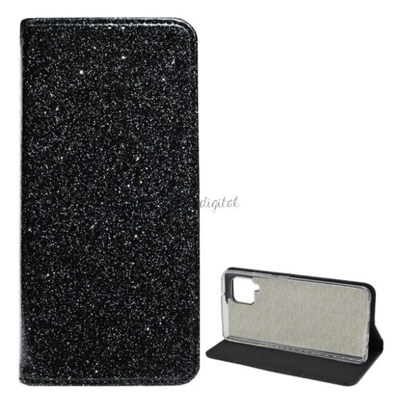 Husă în picioare, efect piele (FLIP, interior din silicon, deschidere laterală, funcție suport de masă, suport card bancar, strălucitor) NEGRU Samsung Galaxy A42 5G (SM-A425F)