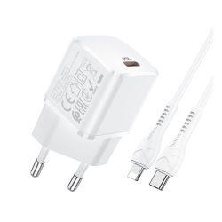   Încărcător HOCO N10 STARTER, priză tip C (20W, încărcător rapid PD 3.0 + tip C - cablu fulger) ALB