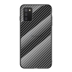   Cadru de protecție din silicon pentru telefon (BUMPER, spate din sticlă călită, model carbon) NEGRU Samsung Galaxy A02s (SM-A025F)