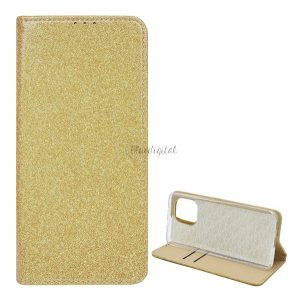 Carcasa in picioare, efect piele (FLIP, interior din silicon, deschidere laterala, functie suport de masa, suport card bancar, lucios) GOLD Xiaomi Mi 11 5G