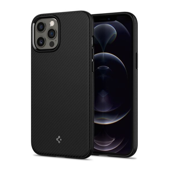 Protector de telefon din plastic SPIGEN MAG ARMOR (rezistență medie la impact, compatibil Apple Magsafe, model în dungi) NEGRU Apple iPhone 12, Apple iPhone 12 Pro