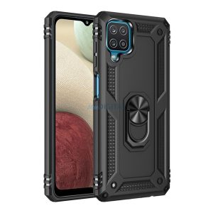 HUSĂ! - Protecție din plastic pentru telefon Defender (rezistență medie la impact, interior din silicon, inel suport pentru telefon, placă metalică încorporată) negru Samsung Galaxy A12 (SM-A125F / SM-A127F)