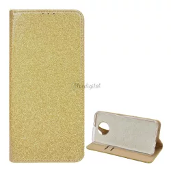   HUSĂ! - Carcasa in picioare, efect piele (FLIP, interior din silicon, deschidere laterala, functie suport de masa, suport card bancar, lucios) GOLD Xiaomi Redmi Note 9T 5G