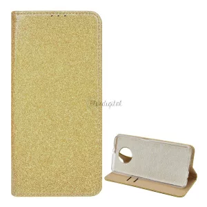HUSĂ! - Carcasa in picioare, efect piele (FLIP, interior din silicon, deschidere laterala, functie suport de masa, suport card bancar, lucios) GOLD Xiaomi Redmi Note 9T 5G