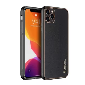 HUSĂ! - Protectie telefon din plastic DUX DUCIS YOLO (cadru silicon, rezistenta medie la impact, cadru cu efect metalic, spate cu efect piele) NEGRU Apple iPhone 12 Pro Max