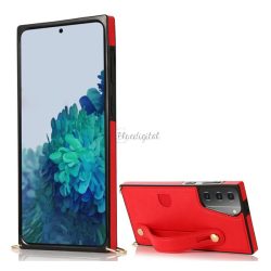   HUSĂ! - Protector de telefon din silicon (rezistență medie la impact, funcție de suport pentru birou, panou din spate cu efect de piele + curea de mână + curea de umăr) ROȘU Samsung Galaxy S21 Plus (SM-G996) 5G