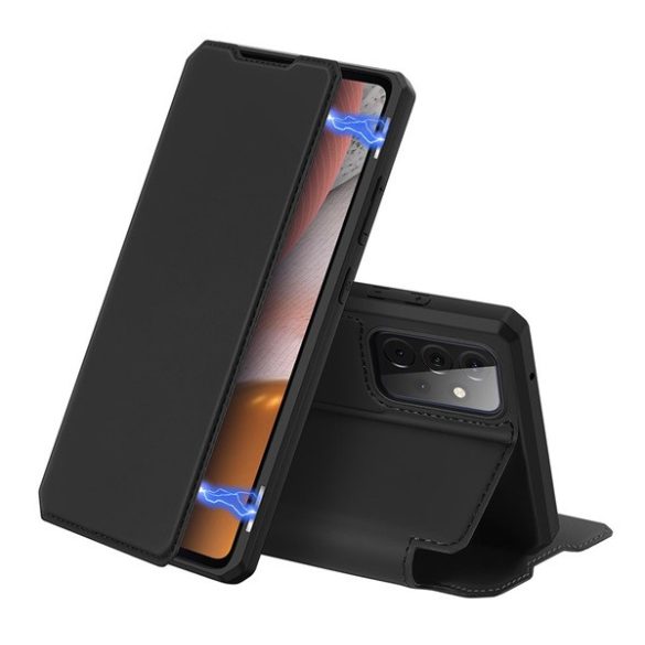 Husă DUX DUCIS SKIN X în picioare, efect piele (FLIP, deschidere laterală, suport desktop, suport pentru încărcare wireless) NEGRU Samsung Galaxy A72 5G (SM-A726F), Samsung Galaxy A72 4G (SM-A725F)