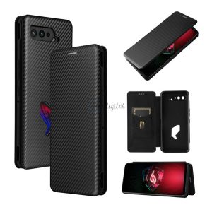 HUSĂ! - Carcasa in picioare, efect piele (FLIP, deschidere laterala, functie suport pentru masa, model carbon) NEGRU Asus ROG Phone 5 (ZS673KS)