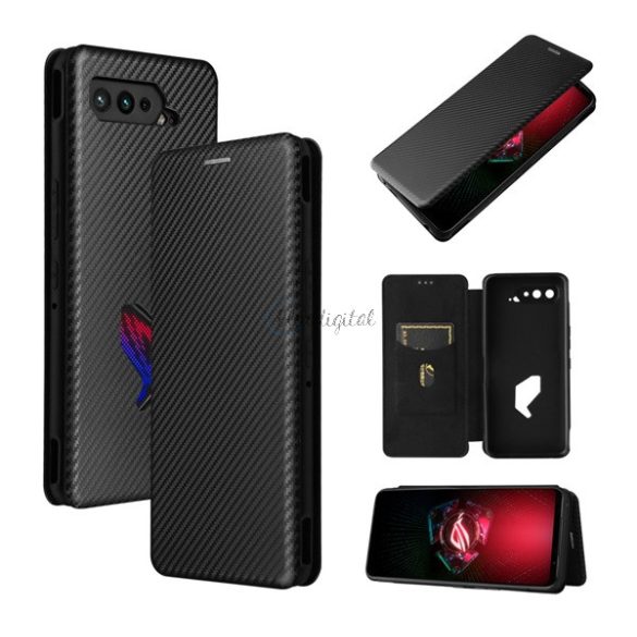 HUSĂ! - Carcasa in picioare, efect piele (FLIP, deschidere laterala, functie suport pentru masa, model carbon) NEGRU Asus ROG Phone 5 (ZS673KS)
