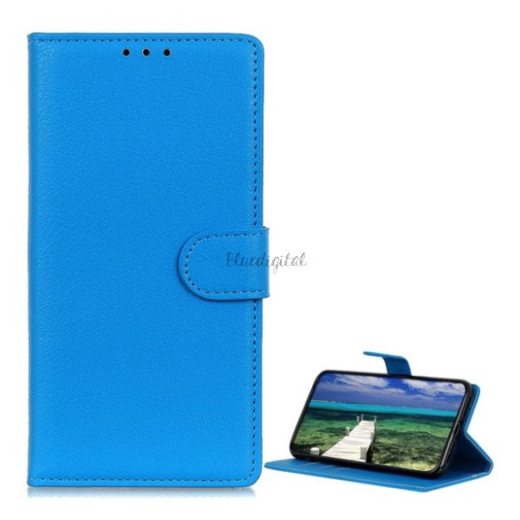 Husă în picioare, efect piele (FLIP, deschidere laterală, funcție de suport pentru desktop, premium) ALBASTRU DESCHIS Samsung Galaxy A22 5G (SM-A226)