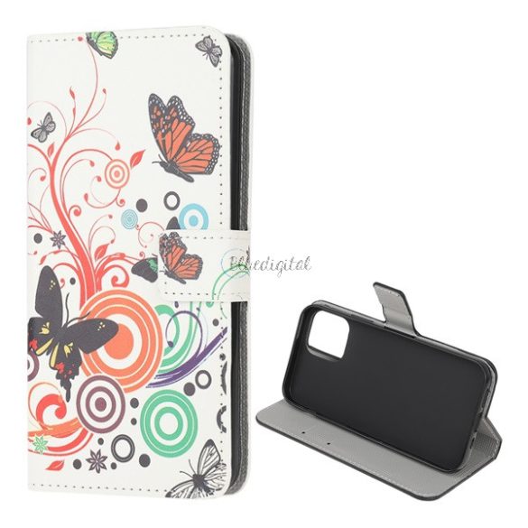 HUSĂ! - Husă stativă, efect piele (FLIP, deschidere laterală, suport pentru birou, culoare fluture) alb  Samsung Galaxy A22 5G (SM-A226)