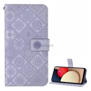 HUSĂ! - Husă în picioare, efect piele (FLIP, deschidere laterală, funcție de suport pentru masă, model de flori în relief) PURPLE Samsung Galaxy A02s (SM-A025F)