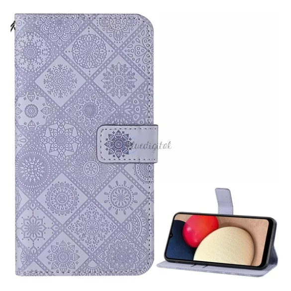 HUSĂ! - Husă în picioare, efect piele (FLIP, deschidere laterală, funcție de suport pentru masă, model de flori în relief) PURPLE Samsung Galaxy A02s (SM-A025F)