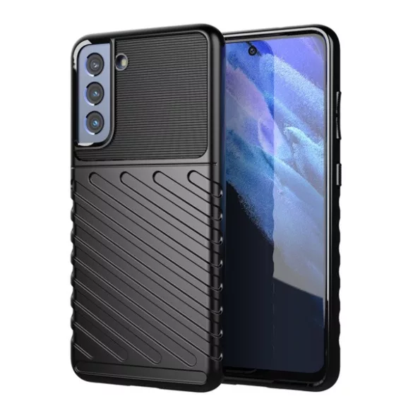 HUSĂ! - Protector de telefon din silicon (rezistent mediu la impact, cu dungi, model convex) NEGRU Samsung Galaxy S21 FE (SM-G990)