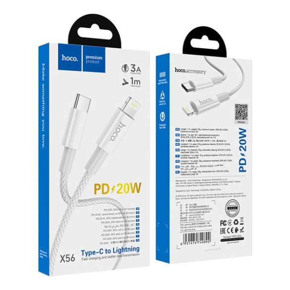 Cablu de date HOCO X56 (Tip-C - fulger, 3A, încărcător rapid PD, 100cm, șiret) ALB