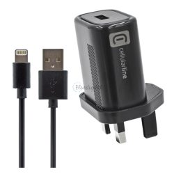   Încărcător de călătorie CELLULARLINE, priză USB (12W, Marea Britanie, împământat + cablu fulger) NEGRU
