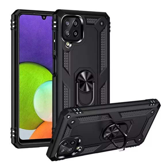 HUSĂ! - Protecție din plastic pentru telefon Defender (rezistență medie la impact, interior din silicon, inel suport pentru telefon, placă metalică încorporată) negru Samsung Galaxy A22 4G (SM-A225), Samsung Galaxy M22 (SM-M225F)