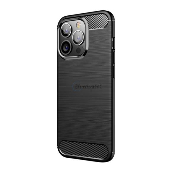 Protector de telefon din silicon (rezistență medie la impact, colț cu pernă de aer, periat, model carbon) NEGRU Apple iPhone 13 Pro