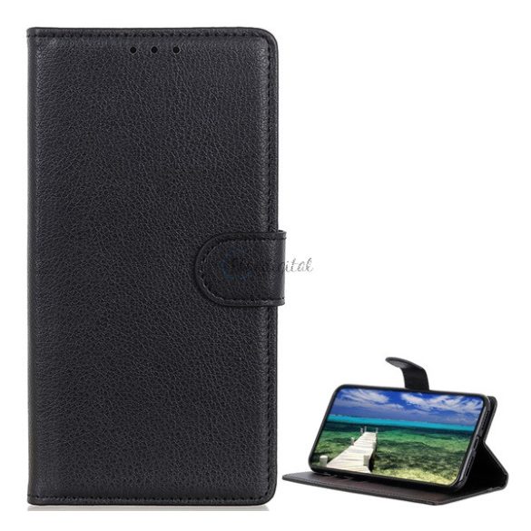 Carcasa in picioare, efect piele (FLIP, deschidere laterala, functie suport de masa, premium) NEGRU Apple iPhone 13 Pro Max