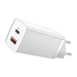   Încărcător de rețea BASEUS cu mufă USB+Type-C (65W, GaN2, încărcător rapid PD 3.0) ALB