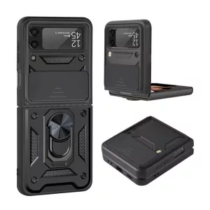 HUSĂ! - Protecție din plastic Defender pentru telefon (rezistență medie la impact, interior din silicon, inel suport telefon, protecție cameră foto) negru Samsung Galaxy Z Flip3 5G (SM-F711)