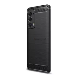   HUSĂ! - Protector de telefon din silicon (rezistență medie la impact, colț cu pernă de aer, periat, model carbon) NEGRU Motorola Edge 2021 5G (XT2141)