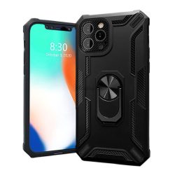   HUSĂ! - Protector de telefon din plastic 4-OK Defender (rezistență medie la impact, interior din silicon, inel de suport pentru telefon, placă metalică încorporată) NEGRU Apple iPhone 13 Pro